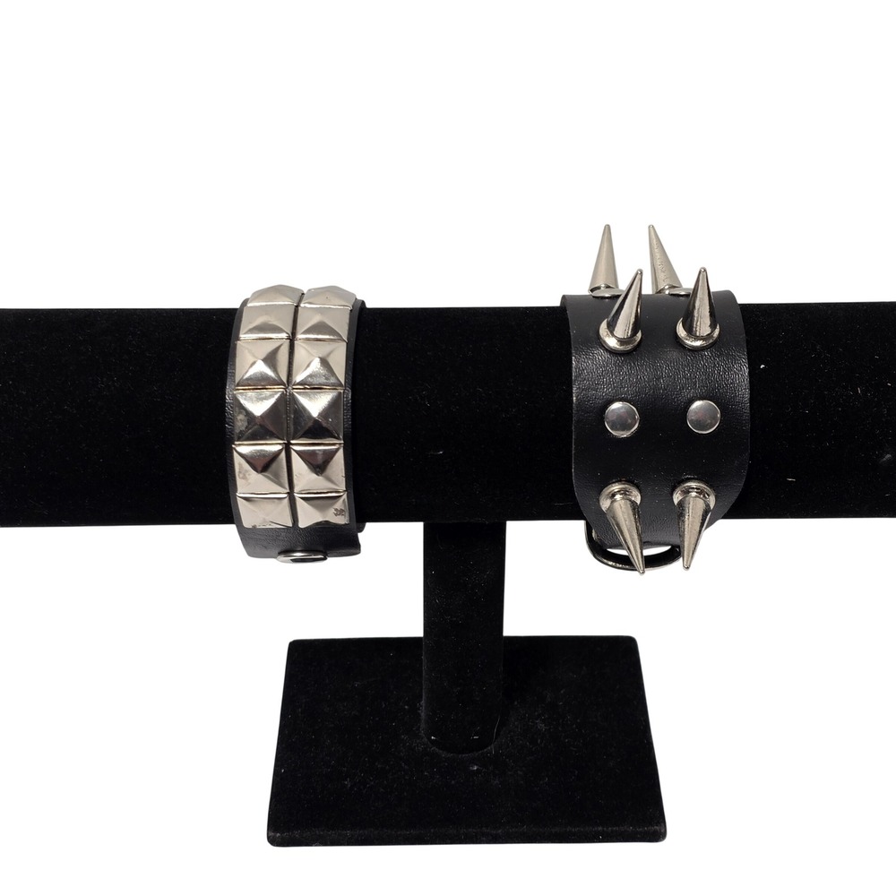 Black Studded Spike Faux Leather Bracelet Set Punk Rocker Goth Cuffs 2pc*